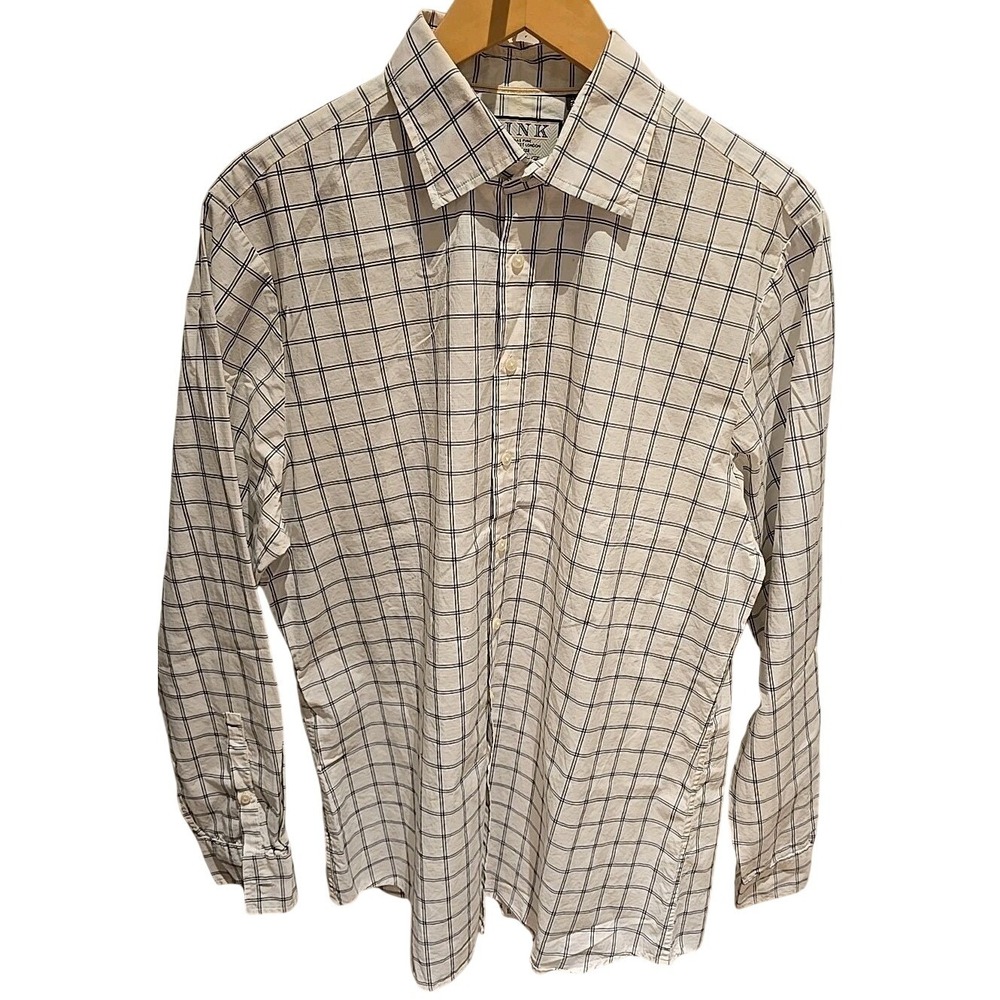 Thomas Pink Cotton Dress Shirt Mens 17 Plaid Windowpane